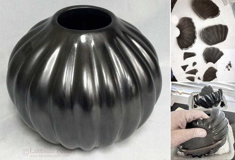 Native American pit-fired burnished pottery before restoration showing multiple breaks